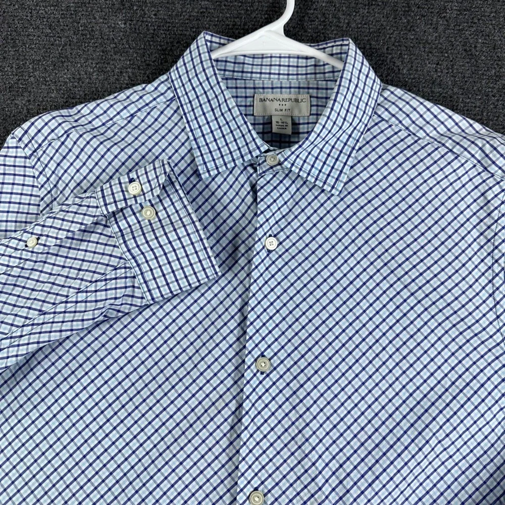 Banana Republic Button Down Mens L Large Blue Check Slim Fit Long Sleeve Cotton